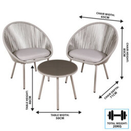Loops 3Pc Garden Bistro Set - Steel & Rope - Outdoor Dining Chair & Round Table Grey - thumbnail 5