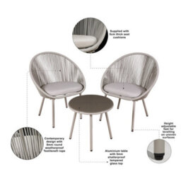 Loops 3Pc Garden Bistro Set - Steel & Rope - Outdoor Dining Chair & Round Table Grey - thumbnail 4