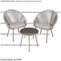 Loops 3Pc Garden Bistro Set - Steel & Rope - Outdoor Dining Chair & Round Table Grey - thumbnail 2