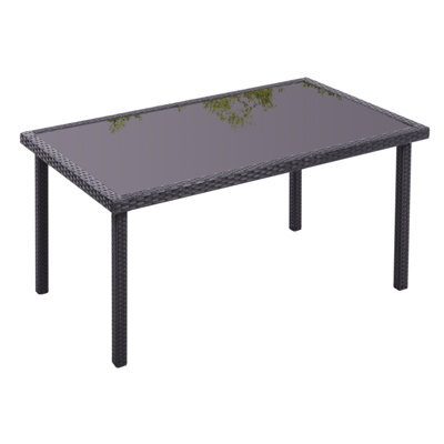 Living And Home Rustic Rectangle Ratten Effect Outdoor Garden Wicker Table With Tempered Glass Tabletop Black 150Cm - image 1