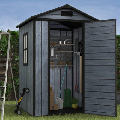 Birchtree 4X4Ft Plastic Garden Shed Apex With Floor Window Lockable Door Wood Grain Grey - image 1