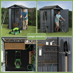 Birchtree 4X4Ft Plastic Garden Shed Apex With Floor Window Lockable Door Wood Grain Grey - thumbnail 3