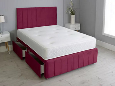 Comfy Deluxe 6Ft Superking Panel Maroon Plush Divan Bed Set Headboard & Footboard 2 Drawers Right Side - image 1