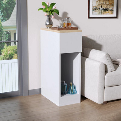 1 Drawer-White+Walnut Narrow Cabinet Tables White Slim Bedside Table Nightstand With Shelf Drawer 60Cm - image 1