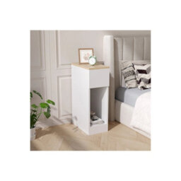 1 Drawer-White+Walnut Narrow Cabinet Tables White Slim Bedside Table Nightstand With Shelf Drawer 60Cm - thumbnail 3