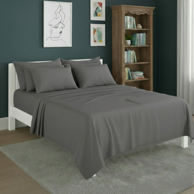 Plain Poly Cotton Easy Care Fitted Flat Sheet Matching Pillowcases Set Grey - image 1