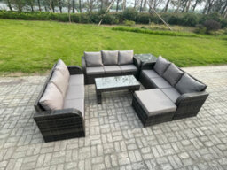 Fimous Outdoor Lounge Sofa Set 10 Seater Rattan Garden Furniture Set With Rectangular Coffee Table Side Table Big Footstool - thumbnail 2