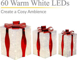 Set Of 3 Tall Light-Up Christmas Gift Boxes With 60 Warm White Led Light Battery-Powered Xmas Decor White Flash Cloth & Red Ribbon - thumbnail 3
