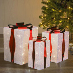 Set Of 3 Tall Light-Up Christmas Gift Boxes With 60 Warm White Led Light Battery-Powered Xmas Decor White Flash Cloth & Red Ribbon - thumbnail 1