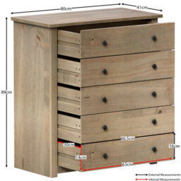 Lassic Vida Designs Panama 5 Drawer Chest Solid Pine (H)890mm (W)800mm (D)410mm - thumbnail 3