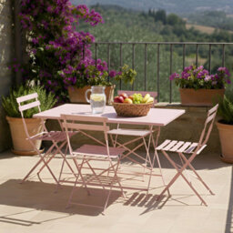 Wyld And Coco Garden Pastel Pink Steel Folding Table And 4 Chairs Dining Set - Space-Saving Outdoor Furniture - thumbnail 2