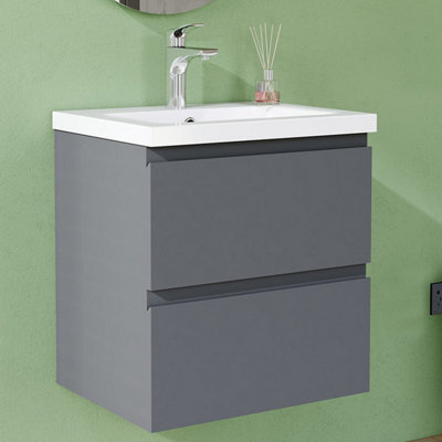 AVER-GROWTH 500mm Vanity Unit With Basin High Gloss Grey Ceramic Sink Wall Hung Bathroom Storage Cabinet Soft Close Hinges 2 Drawers - image 1