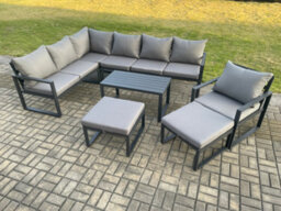 Fimous Aluminum 9 Seater Outdoor Lounge Corner Sofa Set Garden Furniture Sets With Oblong Coffee Table Chair 2 Big Footstool - thumbnail 1
