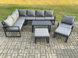 Fimous Aluminum 9 Seater Outdoor Lounge Corner Sofa Set Garden Furniture Sets With Oblong Coffee Table Chair 2 Big Footstool - thumbnail 2