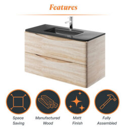 Plum&clay Eden Light Oak Wall Hung Vanity Unit With Grey Glass Basin (W)900mm - thumbnail 8