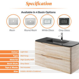 Plum&clay Eden Light Oak Wall Hung Vanity Unit With Grey Glass Basin (W)900mm - thumbnail 7