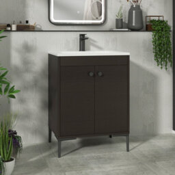 Royal Bathrooms Verona 600mm Walnut Woodgrain Floor Standing Vanity Unit 2 Door With Stone Basin & Matt Black Knob - thumbnail 1