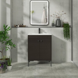 Royal Bathrooms Verona 600mm Walnut Woodgrain Floor Standing Vanity Unit 2 Door With Stone Basin & Matt Black Knob - thumbnail 4