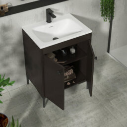 Royal Bathrooms Verona 600mm Walnut Woodgrain Floor Standing Vanity Unit 2 Door With Stone Basin & Matt Black Knob - thumbnail 5