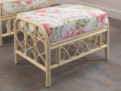 Desser Morley Natural Rattan Footstool Real Cane Indoor Cushioned Footrest With Uk Sewn Cushion In Blossom Fabric - image 1