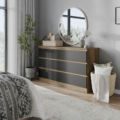 Urbn-Living Urbnliving 120Cm Width Oak Wooden Chest Of Black 6 Drawers Bedroom Furniture Storage Bedside Table Modern Cabinet - image 1