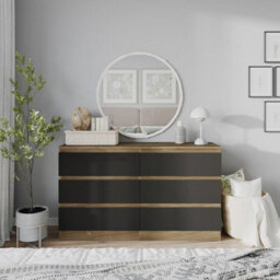 Urbn-Living Urbnliving 120Cm Width Oak Wooden Chest Of Black 6 Drawers Bedroom Furniture Storage Bedside Table Modern Cabinet - thumbnail 3