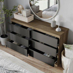 Urbn-Living Urbnliving 120Cm Width Oak Wooden Chest Of Black 6 Drawers Bedroom Furniture Storage Bedside Table Modern Cabinet - thumbnail 2