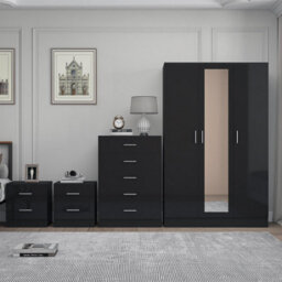 Reflect 3 Door Mirror Wardrobe, 5 Drawer Chest, 2X 2 Drawer Bedsides - Black Gloss & Black Oak - Modern Bedroom Furniture Set - thumbnail 3