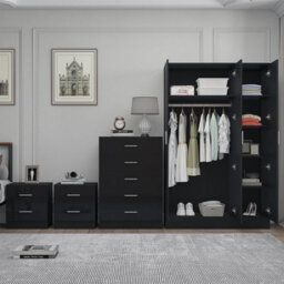 Reflect 3 Door Mirror Wardrobe, 5 Drawer Chest, 2X 2 Drawer Bedsides - Black Gloss & Black Oak - Modern Bedroom Furniture Set - thumbnail 4