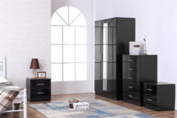 Reflect 3 Door Mirror Wardrobe, 5 Drawer Chest, 2X 2 Drawer Bedsides - Black Gloss & Black Oak - Modern Bedroom Furniture Set - thumbnail 1