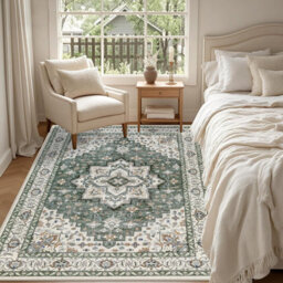 1.6X2.3M Green White Area Rug For Living Room, Machine Washable Rugs With Non-Slip Backing For Bedroom, Vintage Medallion Carpet - thumbnail 1