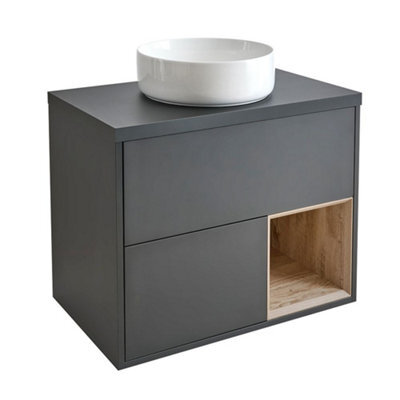Homestylestore Black Grey 800mm Wall Hung Bathroom Vanity Unit With Round Countertop Basin And Led Light - image 1