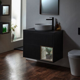 Homestylestore Black Grey 800mm Wall Hung Bathroom Vanity Unit With Round Countertop Basin And Led Light - thumbnail 2