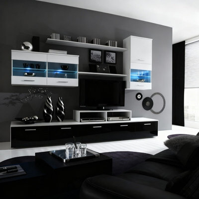 Beta Living Room Wall Unit With Led Lighting Modern Tv Cabinet Display Storage White Black Gloss - image 1