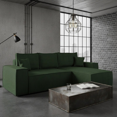 Malaga L Shaped Mdf Corner Sofa Bed With Storage Dl Pull Out Seat Loose Back Cushions 279X94X181 Green Corduroy Right - image 1