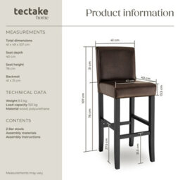 Tectake Bar Stools With A Padded Backrest And Faux Leather Cover - Brown, Set Of 2 - thumbnail 6