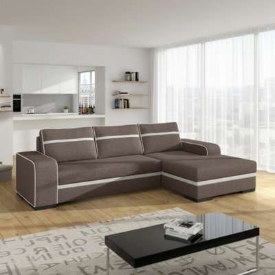 Finn Living Room Corner Sofa Bed With Sinuous Spring Wooden Frame Legs Storage Container 285X165X90Cm Brown And White Right - image 1
