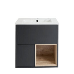 Homestylestore 612mm Black Grey Wall Hung Bathroom Vanity Unit Led Lit Open Shelf Marble Effect Basin
