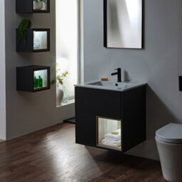 Homestylestore 612mm Black Grey Wall Hung Bathroom Vanity Unit Led Lit Open Shelf Marble Effect Basin - thumbnail 3
