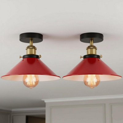 Flush Mount Ceiling Light For Hallway, Kitchen, Bedroom, Living Room E27 Base 22Cm Red Lampshade - image 1
