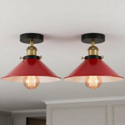 Flush Mount Ceiling Light For Hallway, Kitchen, Bedroom, Living Room E27 Base 22Cm Red Lampshade