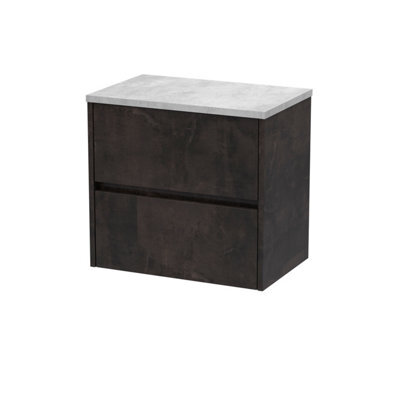 Nuie Havana Wall Hung 2-Drawer Vanity Unit & Worktop In Bellato Grey, Countertop Basin Unit In Metallic Slate, 600mm