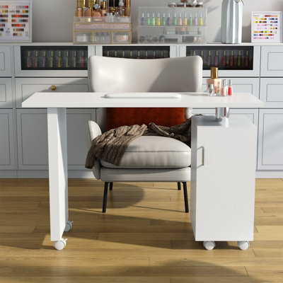 Living And Home White Nail Desk Manicure Table With Storage Cabinet With 6 Lockable Wheels And Ergonomic Wrist Rest, 120Cm W - image 1