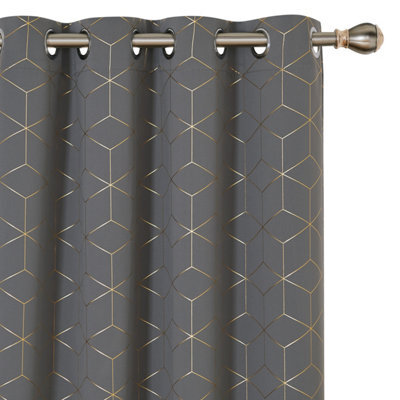 Deconovo Eyelet Curtains, Gold Diamond Printed Blackout Curtains, Thermal Insulated Curtains, W52 X L84 Inch, Light Grey, One Pair - image 1