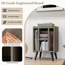 Costway Record Player Stand Vinyl Record Storage Side Table W/ Power Outlet, Oak - thumbnail 8