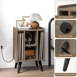 Costway Record Player Stand Vinyl Record Storage Side Table W/ Power Outlet, Oak - thumbnail 9