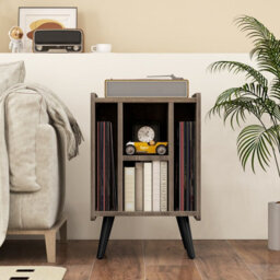 Costway Record Player Stand Vinyl Record Storage Side Table W/ Power Outlet, Oak - thumbnail 4