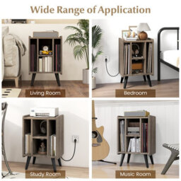 Costway Record Player Stand Vinyl Record Storage Side Table W/ Power Outlet, Oak - thumbnail 5