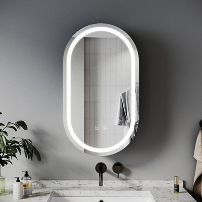 Black Oval Bathroom Mirror Cabinet With Led Lights Shaver Socket Demister Pad - image 1