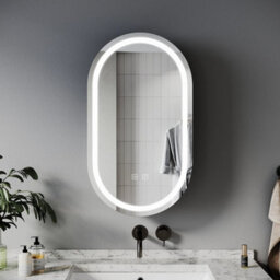 Black Oval Bathroom Mirror Cabinet With Led Lights Shaver Socket Demister Pad - thumbnail 1